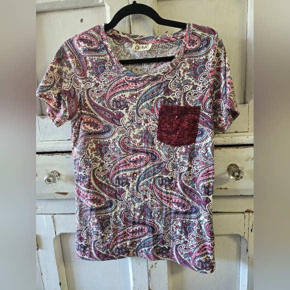 Small Paisley Red and Blue Graphic Short Sleeve T-Shirt With Sequin Pocket - Picture 1 of 4